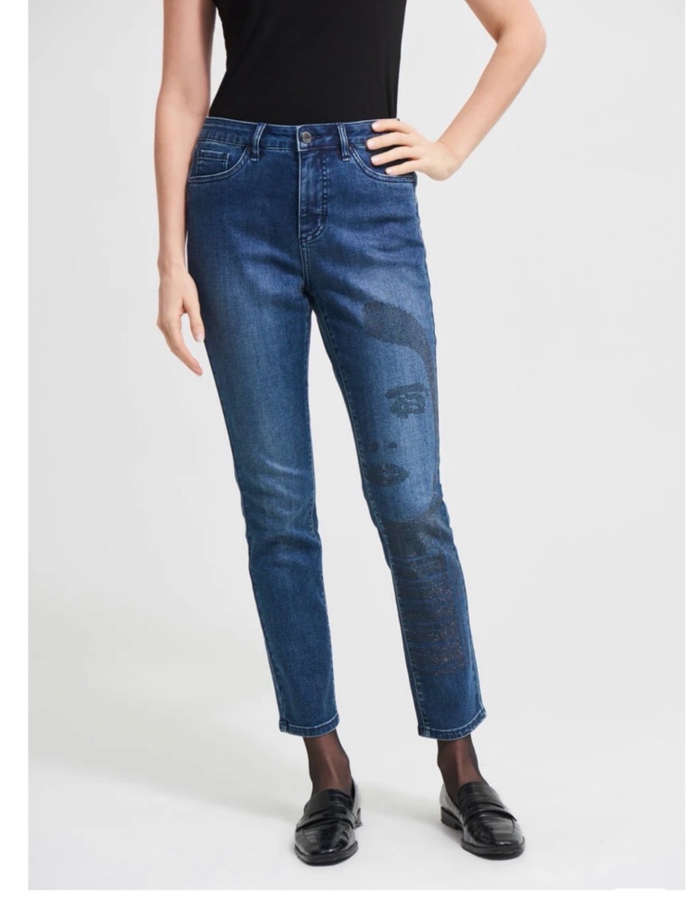 Joseph Ribkoff Dark Blue Cropped Jeans with Graphic Face Detail